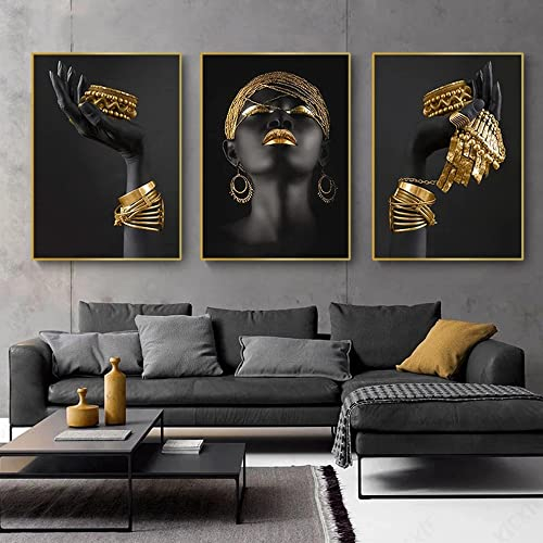 FSLEOVN Abstrakte Schwarz Gold Leinwand Afrika Frau Leinwand Bilder Fashion Leinwandbilder Afrikanische Bild No Framed 3 Stück (50x70cm)