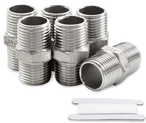 Bwintech 6 Pcs 1/4 Male to 1/4 Male BSP Thread Stainless Steel 304 Hex Nipple Fitting for Pipe Connecting Conversion