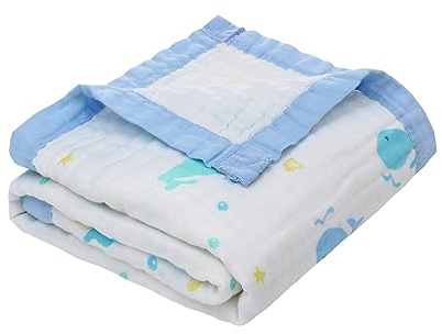 Musselin Babydecke Sommer für Babys 6-Lagig Kinder Baumwolle Decke Sommer Weich Atmungsaktiv Wickeldecke Einschlagdecke Mädchen Junge 110x110cm (Wal)