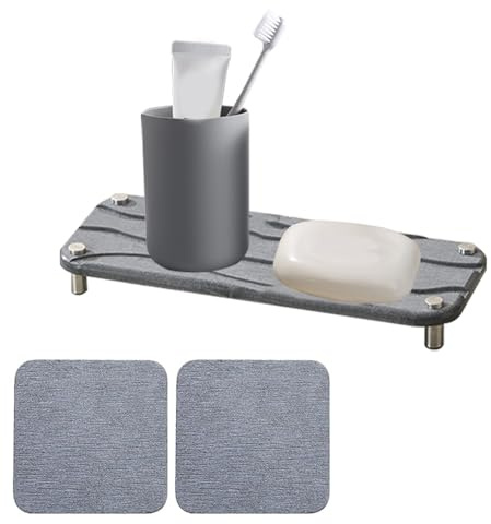 Tefola Badezimmertablett aus Kieselgur, 2 saugfähige Pads diatomaceous Earth, Nimmt Feuchtigkeit schnell auf steinplatte, Stein waschbecken für Badezimmer, Küchen und Schlafzimmer (dunkelgrau)