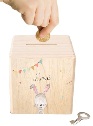 wunderwunsch Personalisierte Kinderspardose, Spardose Junge, Mädchen | Holzspardose Kinder personalisiert, Taufgeschenke für Kind, Baby Geschenk Geburt, Holz Sparschwein