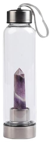 Queemie Amethyst Glas Wasser Flasche, Edelstein Zentrum Infundiert Lila Kristall Sport Cup Obelisk Stab Energie Cup für Natürliche Wellness Heilung