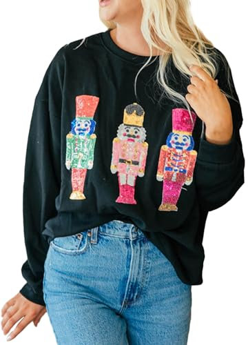 Sweat-shirt à paillettes pour femme Motif Père Noël Casse-noisette Imprimé 3D Col rond Manches longues, a-noir, XL