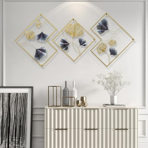 QRANSEUYXY 3 Stück Groß Wand Ginkgo, 164x70.5cm Ginkgo Biloba Wanddeko Schlafzimmer mit 3pcs Ginkgo Wanddekoration Spurlos-Haken, für Deko Wohnzimmer Wanddeko Schlafzimmer