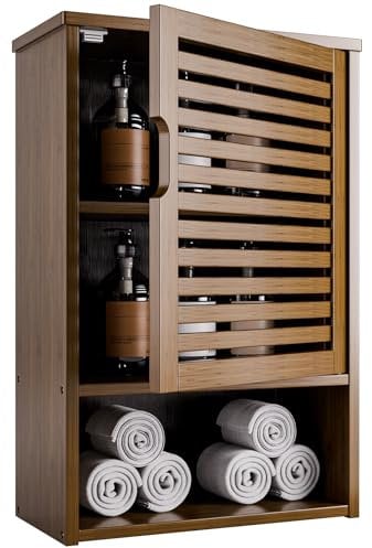 HITNET Hängeschrank Walnuss, Bambus Wandschrank, Medizinschrank Hängend mit Verstellbarem Einlegeboden, Platzsparende Badschrank Wandmontage