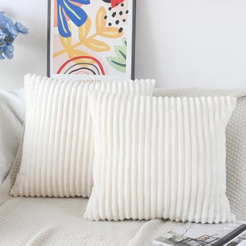 NIULAA Creme Weiß Cord Kissenbezug 45x45 Kissenbezüge Kordsamt 2er Set Gestreift Plüsch Kissenhülle Flauschig Deko Kissen Bezüge Quadratisch Kord Sofakissen Zierkissen Wohnzimme