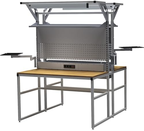 bedrunka hirth | workalu® Aluminium-Werkbank mit Systemaufbau | doppelseitig | Energieleiste | Lochwand | Magnetwand | 2 Schwenkarme | 2 Arbeitsplatzleuchten | Plattenbreite 1500 mm
