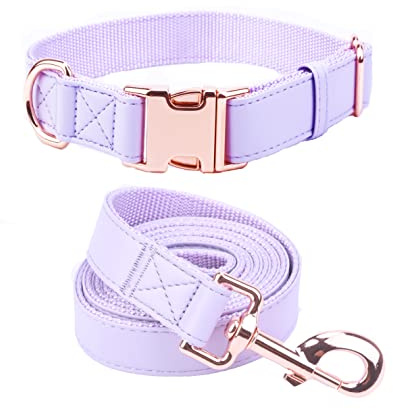 Dog Collar and Leash Set.Soft and Easy to Clean Vegan Leather with Rose Gold Metal Buckle for Small Medium Large Dogs (S(12.2-16.9), Light Purple)