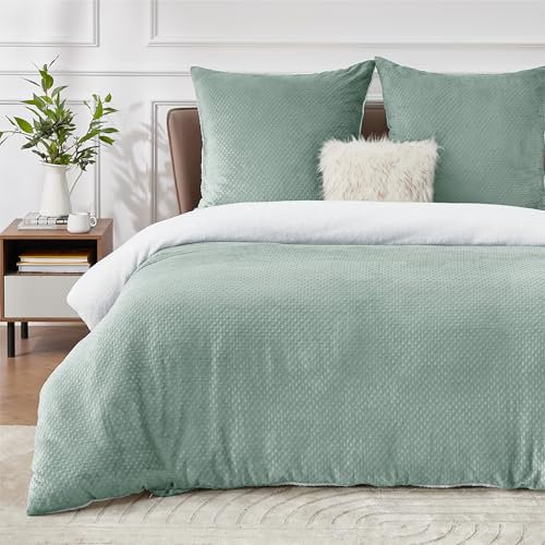 BEDSURE Flauschige Bettwäsche 155x220 Grün - Winter Bettbezug Fleece mit 2 Kissenbezüge 80x80 cm, Warme Bettwäsche-Sets mit Reißverschluss, Waffelpique Winterbettwäsche für Doppelbett