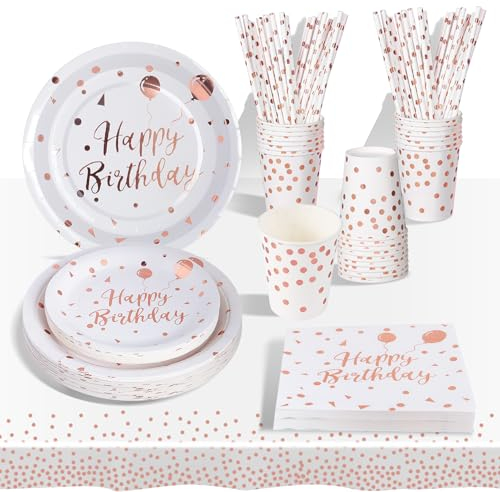 AIPartywar Lot de 193 assiettes de fête pour anniversaire d'enfant - Rose sur blanc - Avec gobelets, serviettes, nappe, assiettes en carton - Pour anniversaire de fille - Pour fête d'anniversaire