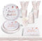AIPartywar Lot de 193 assiettes de fête pour anniversaire d'enfant - Rose sur blanc - Avec gobelets, serviettes, nappe, assiettes en carton - Pour anniversaire de fille - Pour fête d'anniversaire