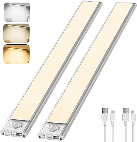BOOTEEK 30CM Luz LED con Sensor de Movimiento, [2 Piezas] 2500mAh USB Recargable LED Cocina Bajo Mueble 3000K-6500K Regulable Magnética luz Armario Sensor Movimiento para Gabinete, Pasillo, Escaleras
