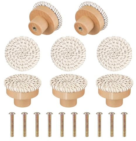 Kacrilidi 8 Piezas Pomos de Ratán para Gabinete, Tiradores Redondos de Madera, Pomos Madera de Ratán Tiradores Cajones Madera con Tornillos, para Cajones, Cocina, Armarios, Muebles, Aparador, blanco