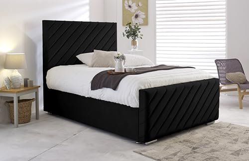 AL SULTAN Ottoman Double Storage Bed Frame Gas Lift Soft Plush Velvet Upholstered Black Bed Frame With Headboard - 4FT Double (205cm x 138cm)