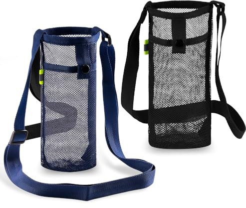 Wzhtuzi 2 Stück Wasserflaschenhalter, Mesh Wasserflaschenhüllen mit Verstellbarem Schultergurt Tragbare Trinkflasche zum Umhängen Flaschenhalter für Sport Reisen Camping (Tiefblau und Schwarz)