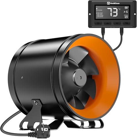 Hon&Guan Rohrventilator 150mm Regelbar mit Intelligente Kontroller dient als Temperatur- Feuchtigkeitsregler Geschwindigkeitsregler, Rohrlüfter EC-Motoren mit EU-Stecker für Growzelt Kohlefilter