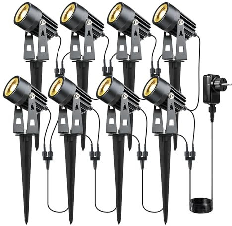 8pcs focos de jardín LED de luz de jardín, blanco cálido 3000K COB aluminio, iluminación de jardín LED con Pincho, lámpara de jardín 12V 24W IP65 Impermeable para jardín exterior, árbol de césped