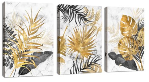 3 Teilig Leinwandbilder Bilder mit Rahmen Abstrakt Grau Gold Blätter bild auf leinwand Wandkunst Modern Wandbilder Kunstdruck Deko für Wohnzimmer Schlafzimmer fertig zum Aufhängen 150x70cm(50x70x3)