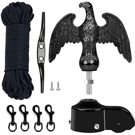 NQ Flaggenmast-Hardware-Reparatur-Set, 15,2 m Halyard-Seil + 17,8 cm Adleraufsatz + 15,2 cm Zinklegierungsklammer + 4 drehbare Metall-Schnappclips + Fahnenmast aus Aluminiumlegierung mit Riemenscheibe