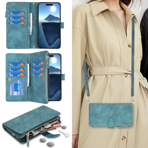 Cavor Compatible with iPhone 16 Pro Max Case With Card Holder With Strap,Flip Leather Crossbody Women Wallet Case,[9 Card Holders][2 Lanyards],Cover Phone Case - Light Blue