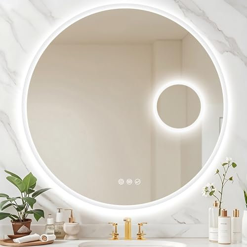 STARLEAD 800 MM Round-Bathroom-Mirror-with-LED-Lights, Bluetooth, 5X Magnifying Mirror, LED-Bathroom-Mirror with 3 Colours Dimmable, Anti-Fog, Memory Function, HD Tempered Glass, IP44 LED-Mirror