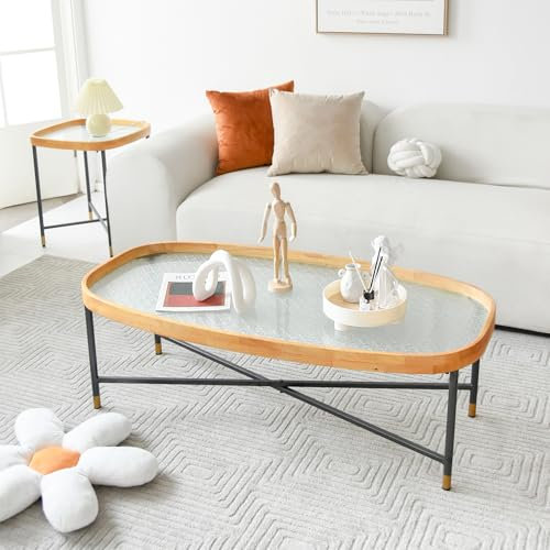 Ovaler Couchtisch aus Glas, Tischplatte aus gehärtetem Glas und Metallrahmen, Cocktailtisch, Beistelltisch für kleinen Raum, Wohnzimmer, Schlafzimmer, Möbel, Glas-Couchtisch, Eisglas (Hitom Glass)