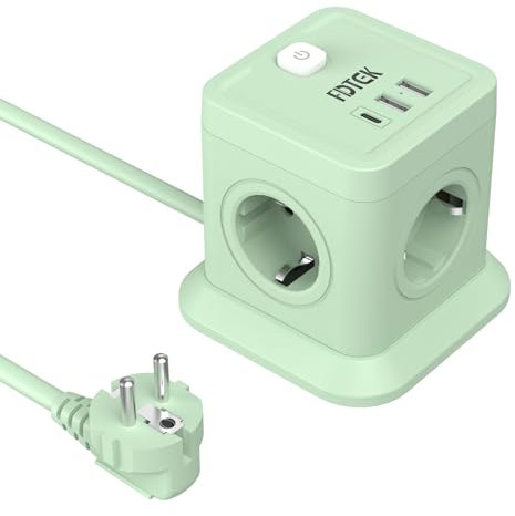 FDTEK 7-en-1 Cube Multiprise 4 Prises AC (2500W/10A), 2 USB-A et 1 USB-C, Multiprise avec Interrupteur Rallonge 1,8M Multiprise Parafoudre pour PC Smartphone Tablette Cuisine, Bureau, Vert