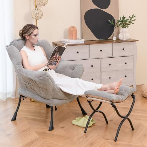 COSTWAY Fauteuil Salon Scandinave, avec Repose-Pieds Pliable, Canapé Relax Confortable en Sherpa avec Oreiller et Poche Latérale, Fauteuil Chambre pour Lecture, Cadre en Métal Charger 136 kg, Gris