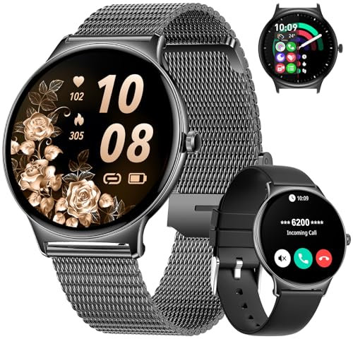 LIGE Damen Smart Watch Bluetooth Anrufe für Android iOS 100+ Sport 1.43 AMOLED Always-on Display Damen Smartwatch Schwarz Gitterband