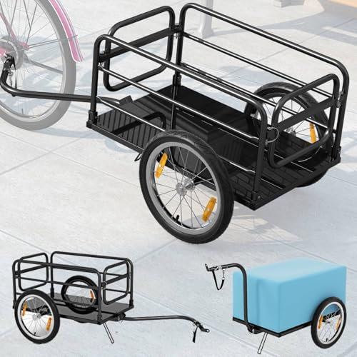 TANGZON 2-in-1 Bicycle Cargo Trailer, Utility Bike Towing Trolley with Reliable 40 CM Air Wheels, Foldable Metal Frame & Removable Cover, Versatile Luggage Hitch for Multi-bike Compatibility