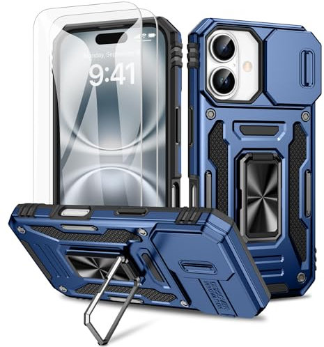 Doeshine Hülle für iPhone 16, Handyhülle mit 2 Stück Displayschutzfolie & Kameraschutz, 360° Rotate Metal Ring Ständer, Robust Fallschutz Case Outdoor Militär Schutzhülle für iPhone 16（Blau）