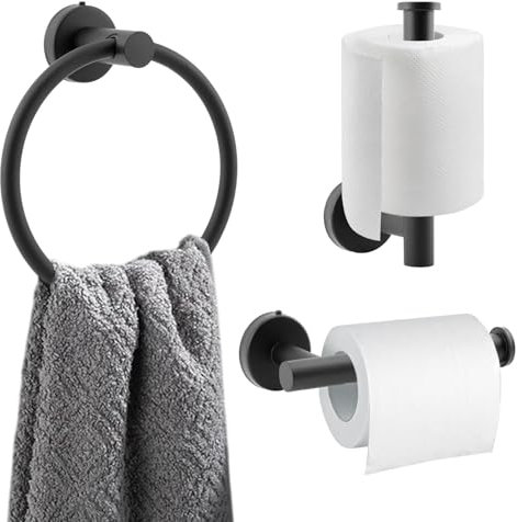 Toilet Roll Holder Towel Ring,2 Pcs Stainless Steel Bathroom Hardware Accessory Wall Mounted Toilet Paper Holder Matte Black Finish for Bathroom and Kitchen(COLOR:black)