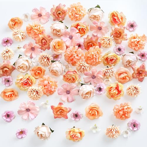 ASTNIC 100 Stück Kunstblumen zum Basteln, Künstliche Blumenköpfe klein Plastikblumen Deko, 2~4.8cm Stoffblumen, Hortensien Kunstblumen mit Rosen für Scrapbooking, Gastgeschenke Hochzeit, Herbstdeko