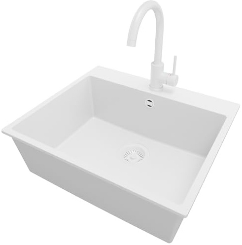 PRIMAGRAN Granitspüle ab 60er Unterschrank + Küchenarmatur, 58x50cm | Set: Küchenarmatur BW5010 + Ablauf-Set (Siphon, Ablaufgarnitur, Überlauf) + Spülbecken 1 Becken - Riga, Alles Weiß