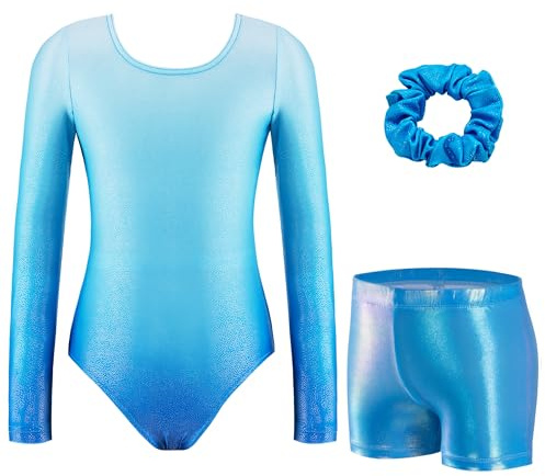 Arshiner Turnanzug Mädchen Langarm Gymnastikanzug Turnbody Hose Haarband | Kinder Akrobatik Anzug,Elastisch,Glitzernde,Ballett Leotard,Tanztrikot,Unitard,3-10Jahre