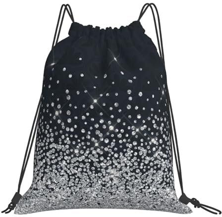 YOFIEN Schwarz-Silber-Glitzer-Diamant-Rucksack mit glitzerndem Wasser und Kordelzug, widerstandsfähige Einkaufstasche für Damen und Herren, Sport- und Fitnessstudio-Sackpack