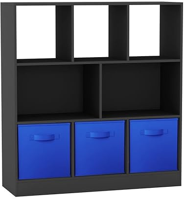 URBNLIVING Asymmetrical 8-Cube Bookcase Shelf – Black Storage Unit with 3 Fabric Drawers, Modern Display Organizer for Home or Office - Dark Blue