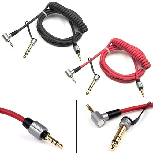 FUANA 3.5mm Audio Aux Cable for Beats PRO DETOX Headphones, 6.5mm to 3.5mm Stereo Male, Stretchable to 1.5m, L-Shaped Connector, Black/Red Earphone Cable