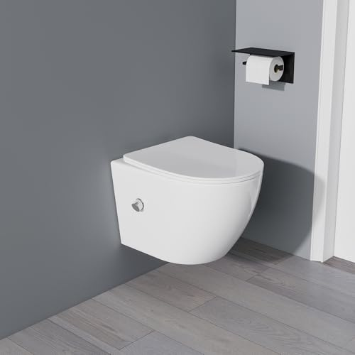 Yishang Dusch WC mit Integrierter Düse, Hänge WC Spülrandlos, Toilette mit Bidet Funktion, Taharet WC mit Nano, WC-Dusche mit Armatur, Klodeckel mit Absenkautomatik, Kalt-Warm Wasser, 48,5×35×37cm