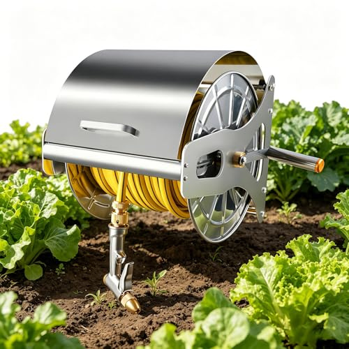 Heavy Duty Metal Garden Hose Reel, Stainless Steel Metal Heavy Duty Hose Reel with Handle, 164 ft Pressure Washer Hose Reel, Manual Crank with/Swivel Arm, 1/2-inch Hose Holder Wall Mount