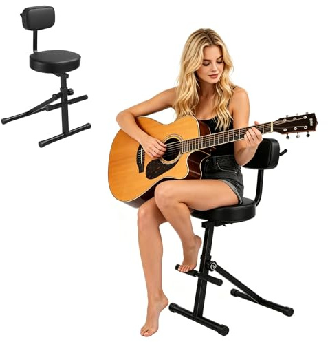 SaftSpzre Gitarrenhocker Mit Rückenlehne Höhenverstellbarer Gitarrensitz Mit Gitarrenhalter & Fußstütze Klappbarer Stehhocker Für Akustik Bassgitarren Gitarren & Bass Zubehör Schwarz