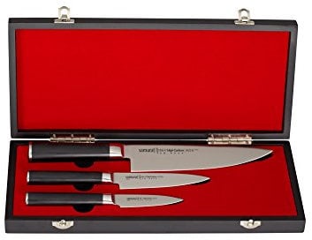 Samura MO-V Messer Geschenk Set in Holz Geschenkbox ultra-scharf, aus japanisch AUS 8 Edelstahl, 18 cm Klinge, mit G10 Handgriff aus Carbon