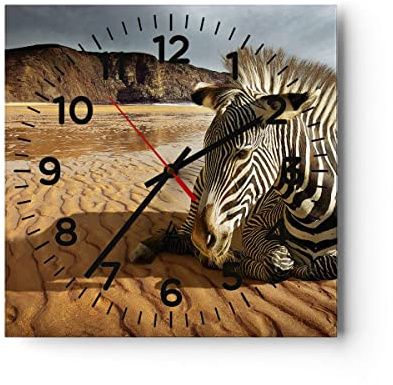 Modern Wanduhr Zebra Strand Landschaft 30x30cm Quadrat Klein Wand Uhr Glas Analog Zimmeruhren Küche Büro Wohnzimmer Glasuhr Wall Clock Dekoration Design Wanddekoration Küchenuhr C4AC30x30-0213