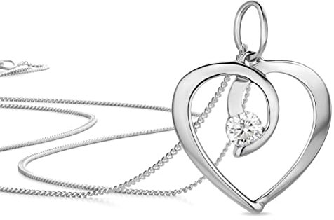 OROVI Damen Goldschmuck Herzförmiger Anhänger aus 9 Karat (375) Weißgold mit Zirkonia Brillantschliff Herzanhänger inklusive kostenloser Silberkette (45 cm)