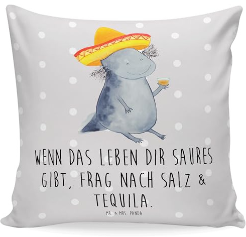Mr. & Mrs. Panda Sofakissen Axolotl Tequila - Geschenk, Kissenbezug 40x40, Sofakissen 40x40, Molch, Zitrone, Spruch, Motivation, Dekokissen Sofa,