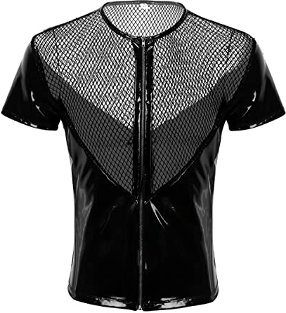 Alvivi Herren Lack-Optik Jacke Kurzarm Mantel Wetlook Coat Oberteile Männer Shirts Kunstleder Hemd T-Shirt Slim Fit Latex Glänzend Tops Party Outwear A Schwarz L