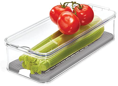 iDesign Crisp Produce Plastic Refrigerator and Modular Stacking Pantry Bin with Lid and Removable Inner Basket, Perfect for Washing Vegetables, Fruit, Lettuce, BPA Free 15.72 x 6.32 x 3.76