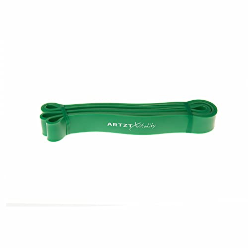 ARTZT vitality Theraband Power Band | Fitnessband aus pflegeleichtem Latex | Gymnastikband für Training von Kraft, Rücken, Bauch, Arme und Schultern Grün | Schwer, 104 cm