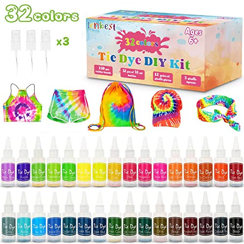 lenbest 32 Color Tie Dye Kit, Halloween Tie-Dye Kit Tinte para Ropa, con 150 Bandas de Goma 12 Guantes Plástico, Pinturas Textiles de Tela, Kit de Tinte Colorido, Adecuado para Camiseta, vestido etc.