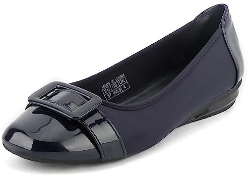 Greatonu Damen lassische Geschlossene Office Square Toe Ballerinas Buckle Flache Schuhe Navy EU 36